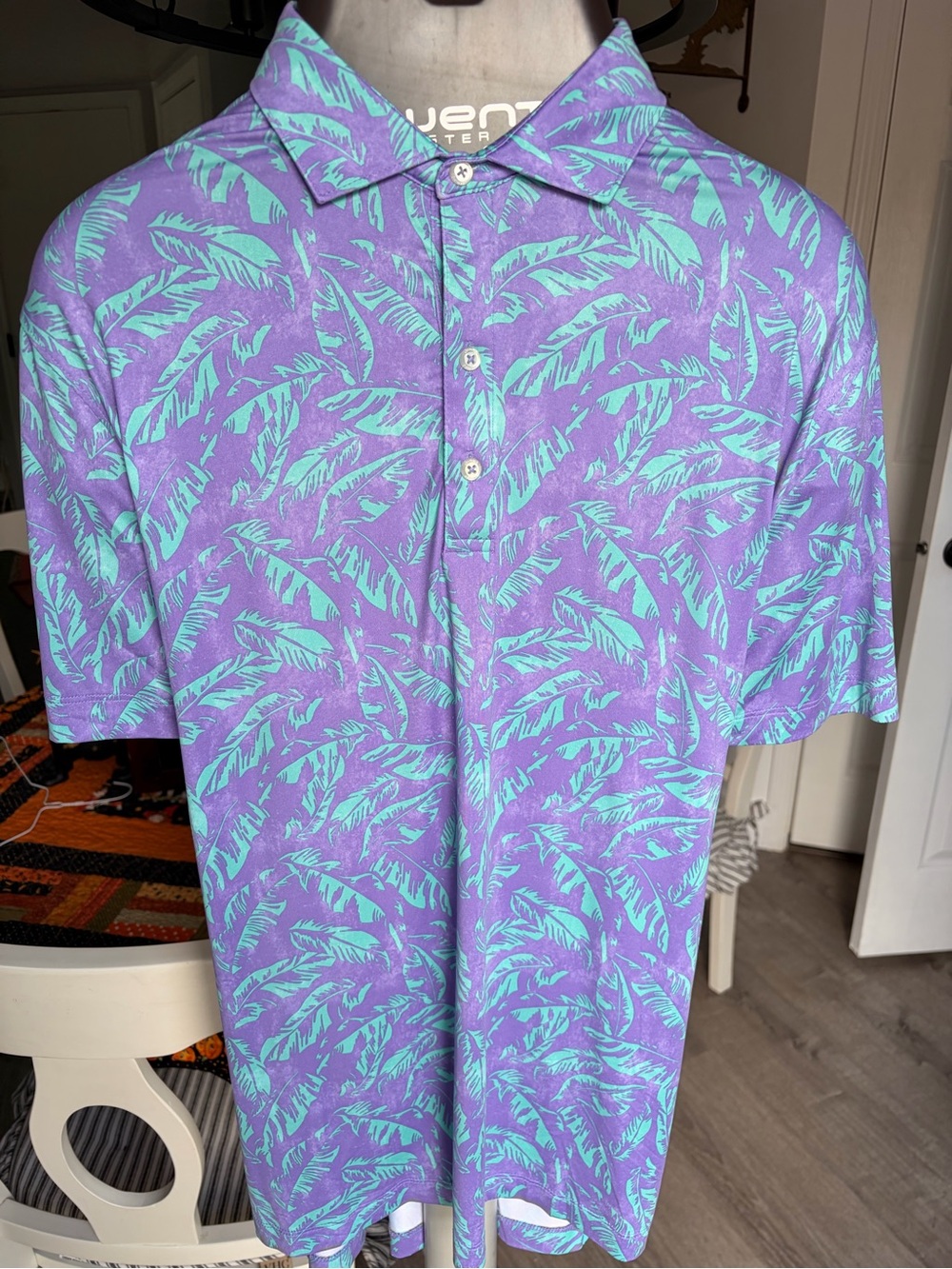 johnnie-O Purple Polo with Mint Leaf Print
